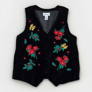 VTG Westbound Holiday Vest Medium Black Velvet Poinsettias Embroidery Christmas‎